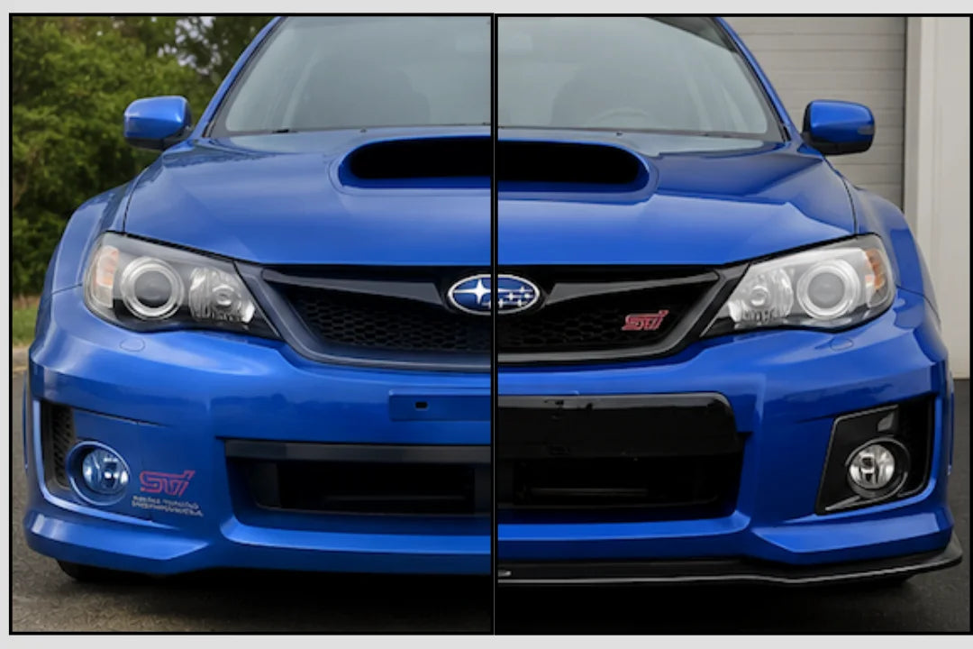 2008-2010 to 2011-2014 Subaru WRX STI Front Bumper Conversion Kit Before and After Image World Rally Blue Pearl (02C)