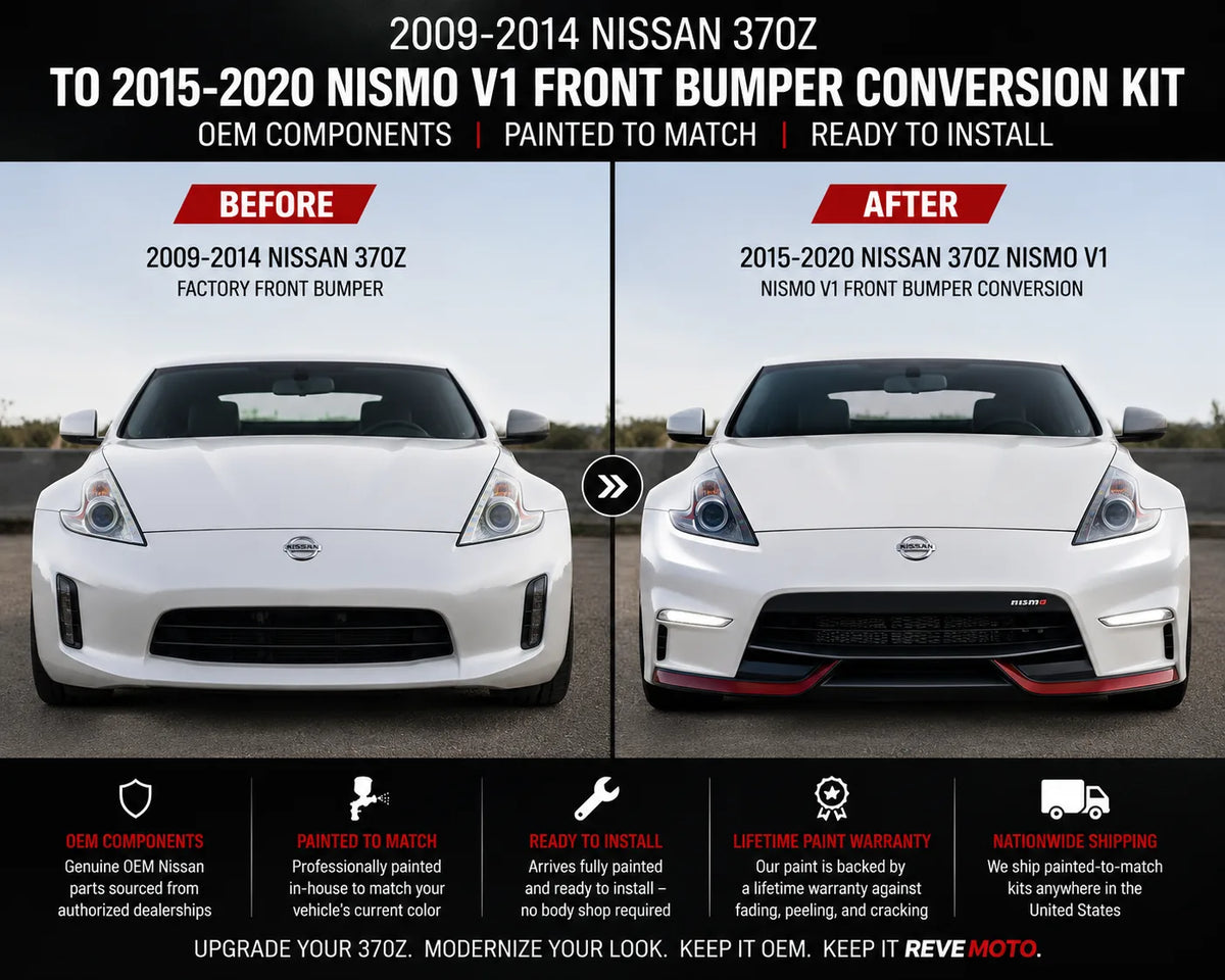 2009-2014 Nissan 370Z to 2015-2020 Nissan 370Z Nismo V1 Front Bumper Conversion Kit | OEM Components | Painted to Match | Ready to Install - Before and After Image 