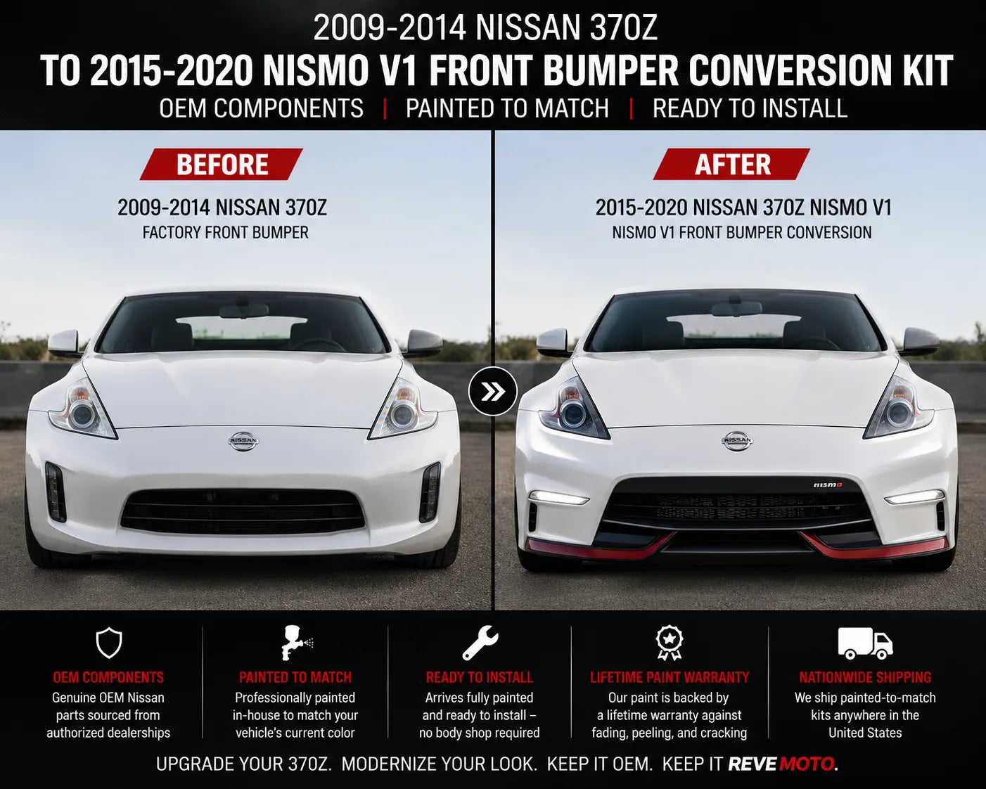 2009-2014 Nissan 370Z to 2015-2020 Nissan 370Z Nismo V1 Front Bumper Conversion Kit | OEM Components | Painted to Match | Ready to Install - Before and After Image 