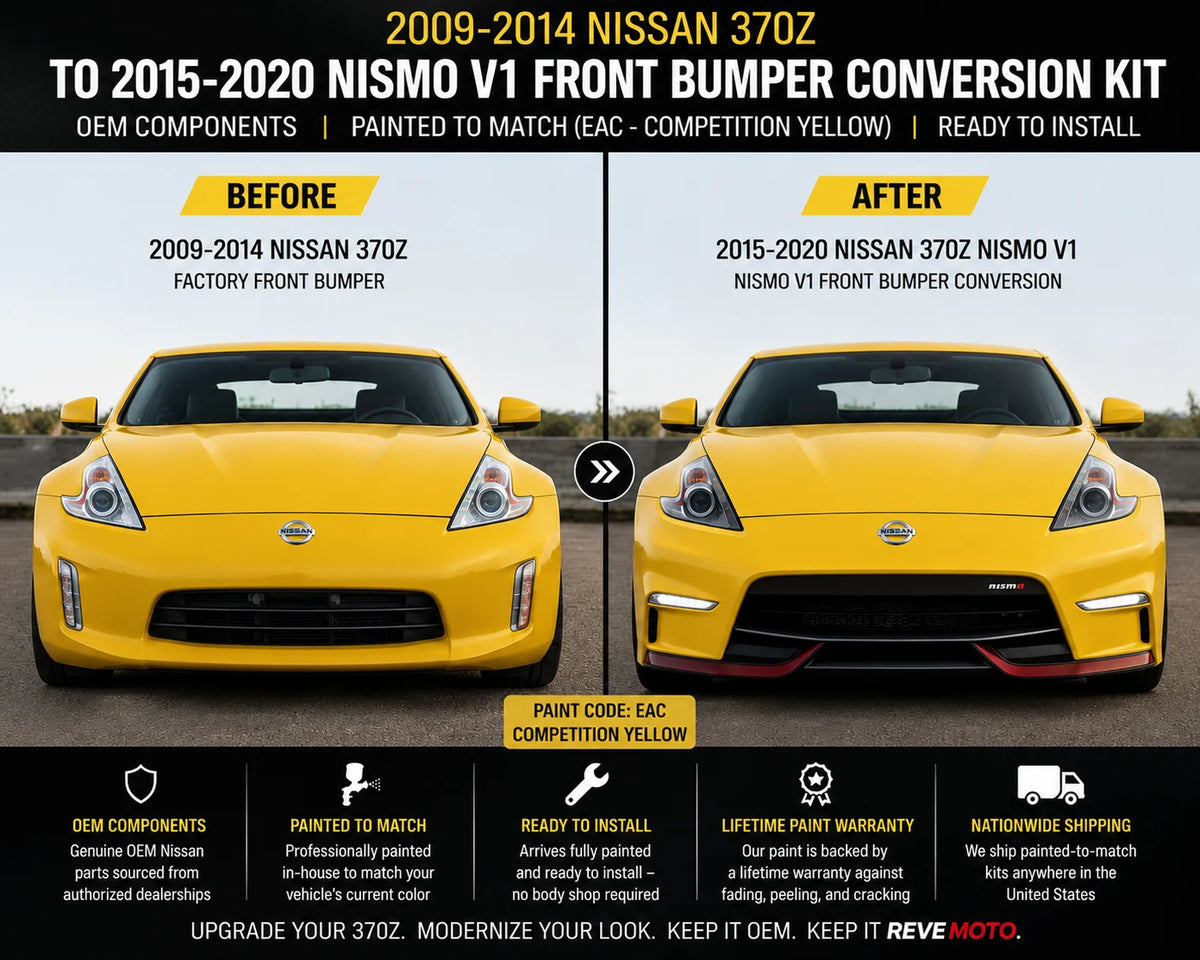 2009-2014 Nissan 370Z to 2015-2020 Nissan 370Z Nismo V1 Front Bumper Conversion Kit | OEM Components | Painted to Match | Ready to Install - Before and After Image in Competition Yellow (EAC) paint code