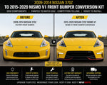 2009-2014 Nissan 370Z to 2015-2020 Nissan 370Z Nismo V1 Front Bumper Conversion Kit | OEM Components | Painted to Match | Ready to Install - Before and After Image in Competition Yellow (EAC) paint code