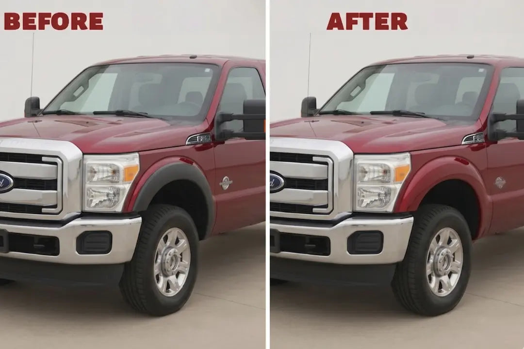 2011–2016 Ford F-250 Super Duty Fender Flare Set of 4, Painted to Match, Ready to Install - Before and After Sample Image Painted Ruby Red Metallic (RR)