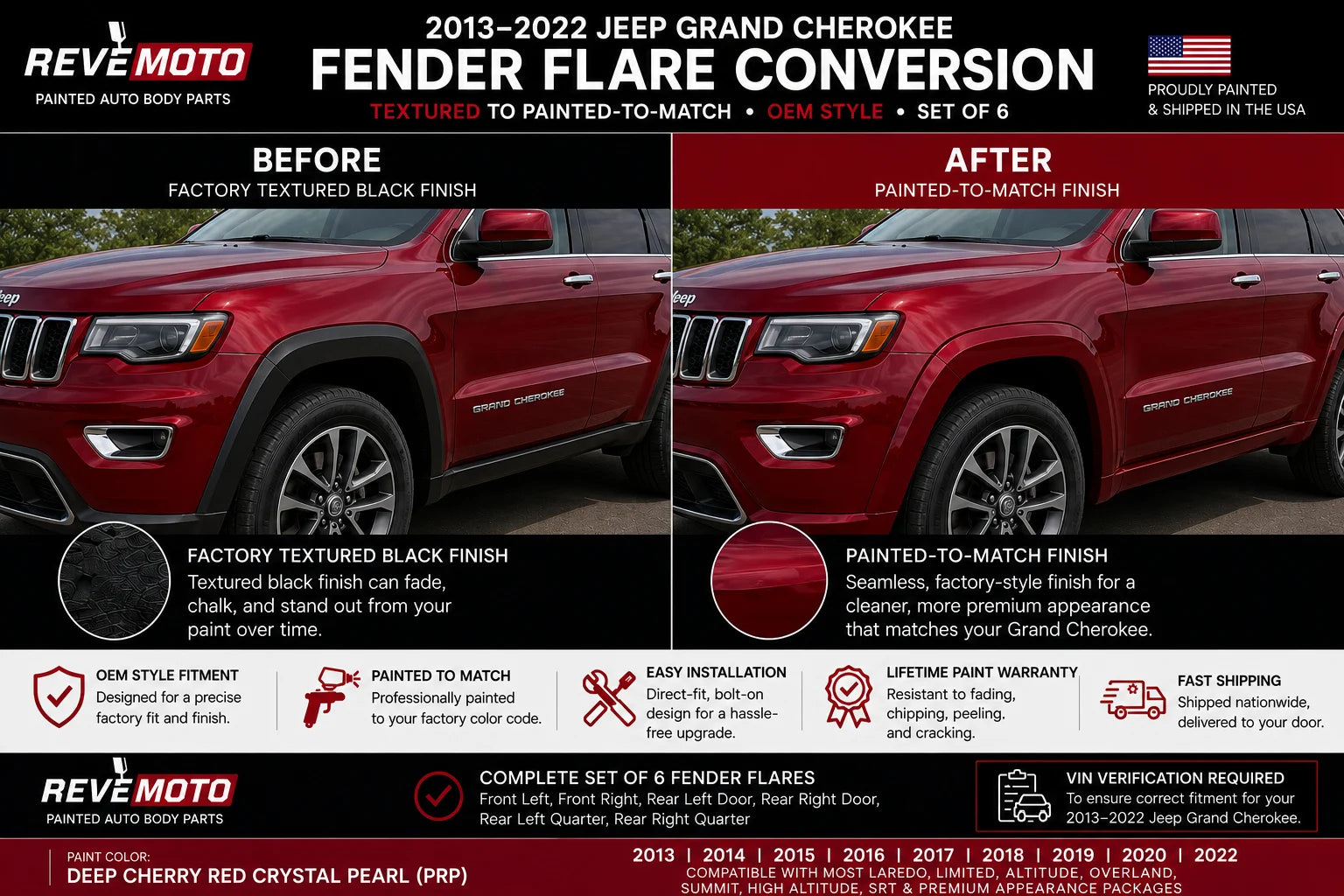 2013-2022 Jeep Grand Cherokee Painted Fender Flare Conversion (OEM Style | Set of 6) | Painted to Match, Ready to Install Deep Cherry Crystal Red Pearl (PRP)