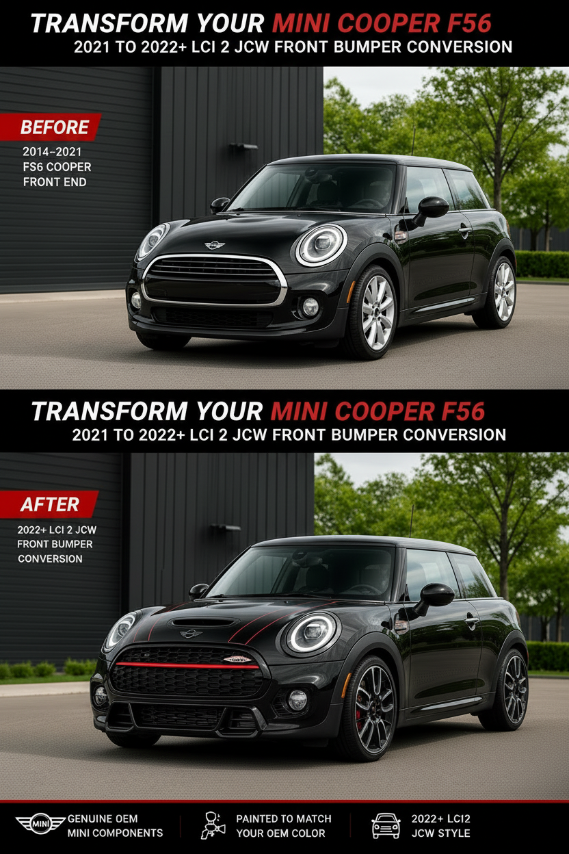 2014-2021 MINI Cooper F56 to 2022+ LCI2 JCW front bumper conversion kit painted to match