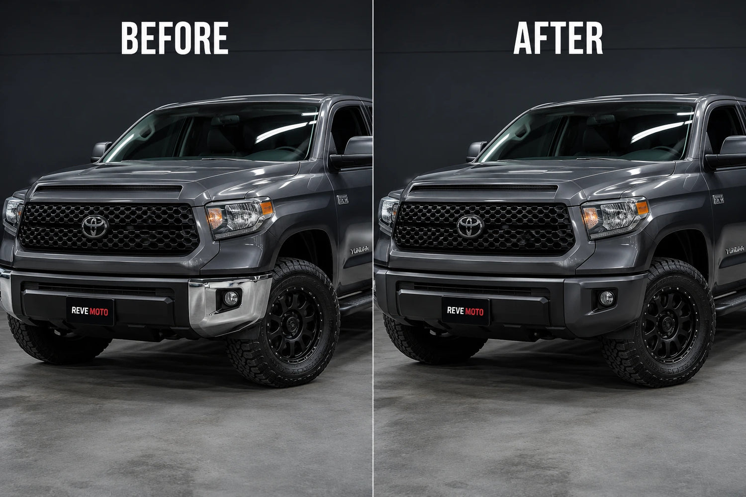 2014-2021 Toyota Tundra painted 4-piece bumper end cap chrome delete conversion package. Front and rear paint-matched replacement bumper caps.