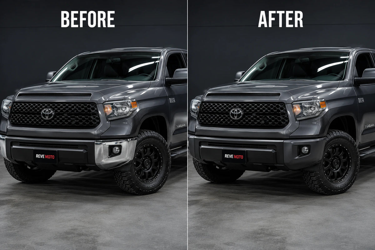 2014-2021 Toyota Tundra painted 4-piece bumper end cap chrome delete conversion package. Front and rear paint-matched replacement bumper caps.