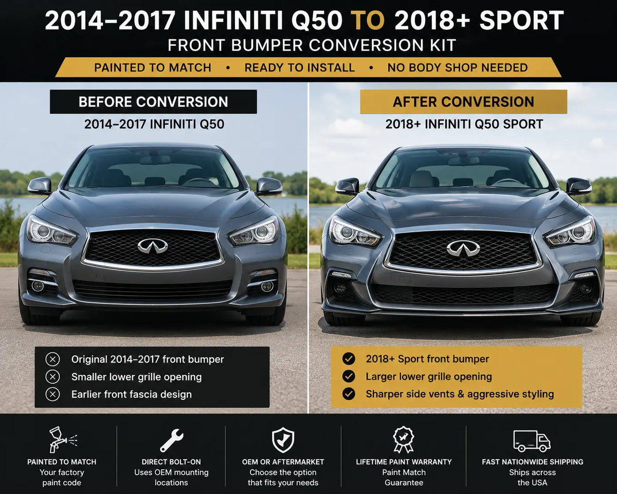 2014–2017 Infiniti Q50 to 2018+ Sport Front Bumper Conversion Kit (Painted to Match, Ready to Install)