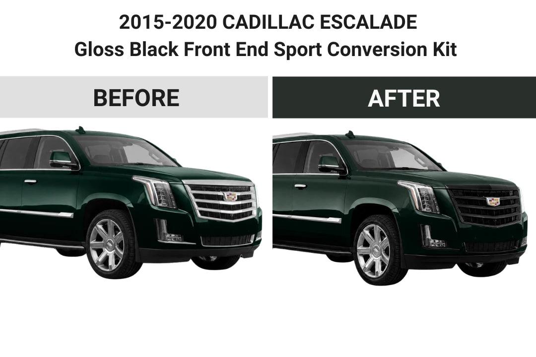 2015-2020 Cadillac Escalade Gloss Black Front End Sport Conversion Kit - 3-Piece De-Chrome Upper Grille Hood Brow and Lower Bumper Molding Upgrade
