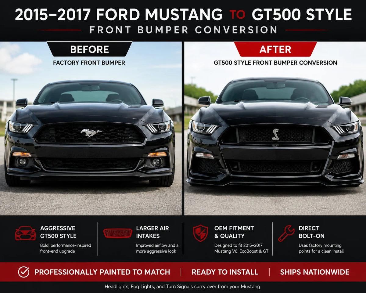 2015–2017 Ford Mustang to GT500 Style Front Bumper Conversion Kit (Painted to Match, Ready to Install) - Before and After Image