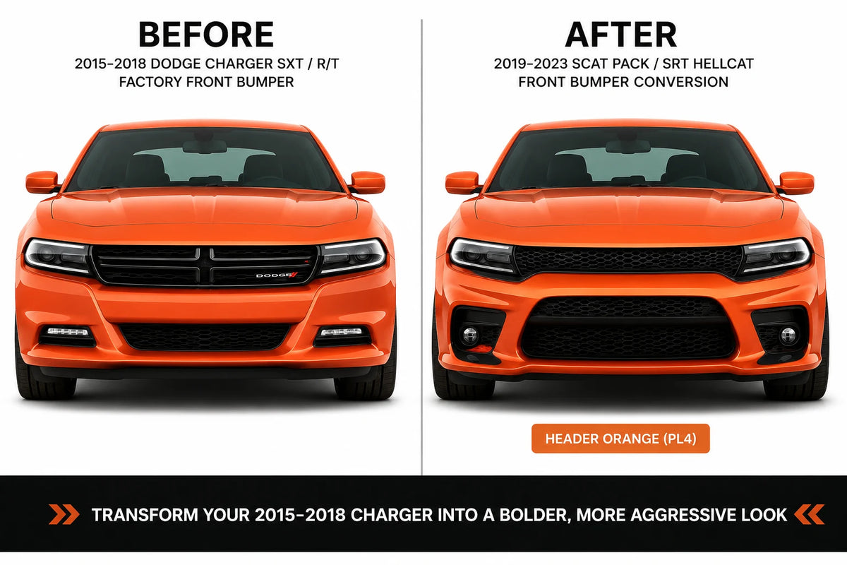 2015–2018 Dodge Charger SXT/R/T to 2019–2023 Scat Pack/SRT Hellcat Front Bumper Conversion Kit (OEM Style) | Painted to Match, Ready to Install - Header Orange (PL4)