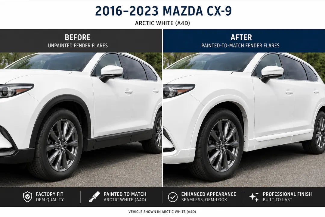 2016-2023 Mazda CX-9 Fender Flare Painted to Match Conversion (Set of 4) Before and After Image Arctic White (A4D)