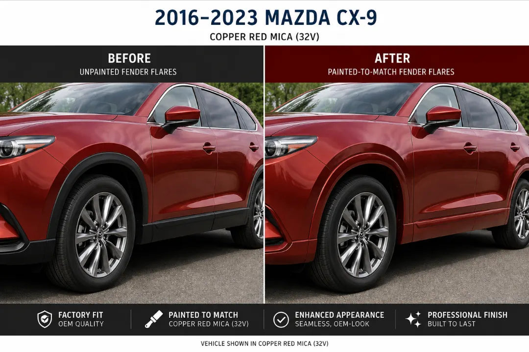 2016-2023 Mazda CX-9 Fender Flare Painted to Match Conversion (Set of 4) Before and After Image Copper Red Mica (32V)