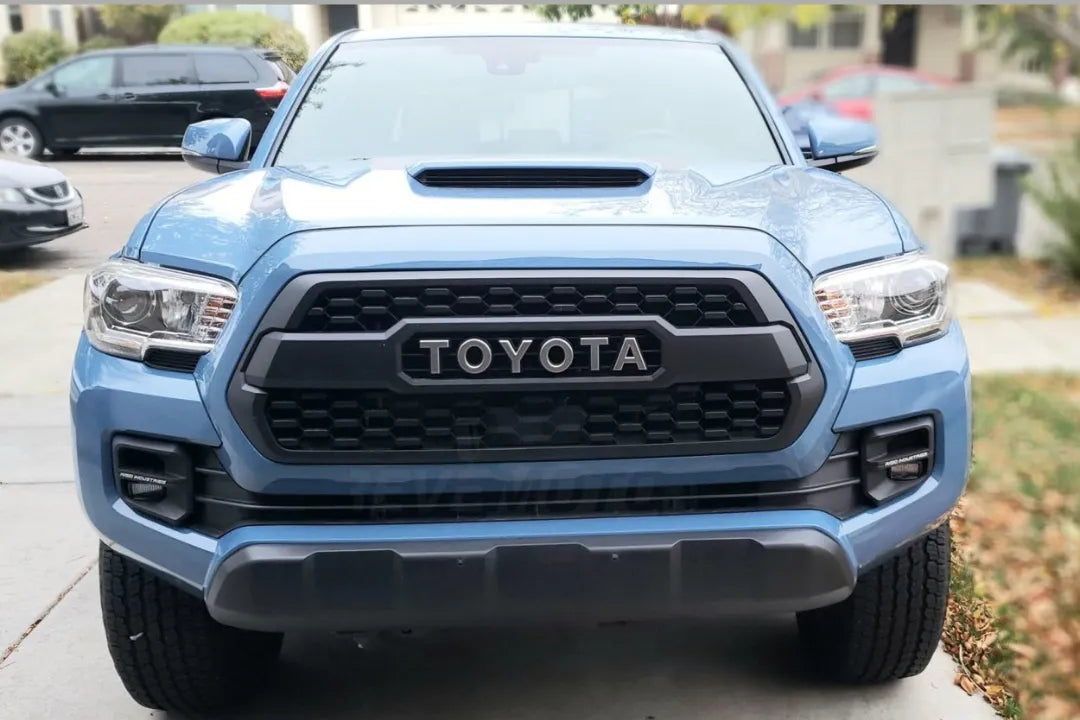 2016-2024 Toyota Tacoma Hood and Hood Scoop Painted Grayish Blue Cavalry Blue 8W2 ReveMoto Painted Auto Parts Replacement front view 