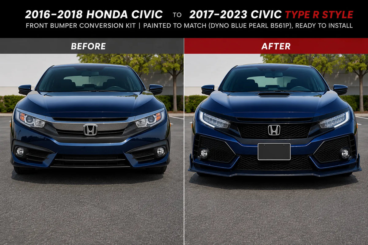 2016–2018 Honda Civic to 2017–2023 Honda Civic Type R Style Front Bumper Conversion Kit | Painted to Match, Ready to Install - Before and After Image