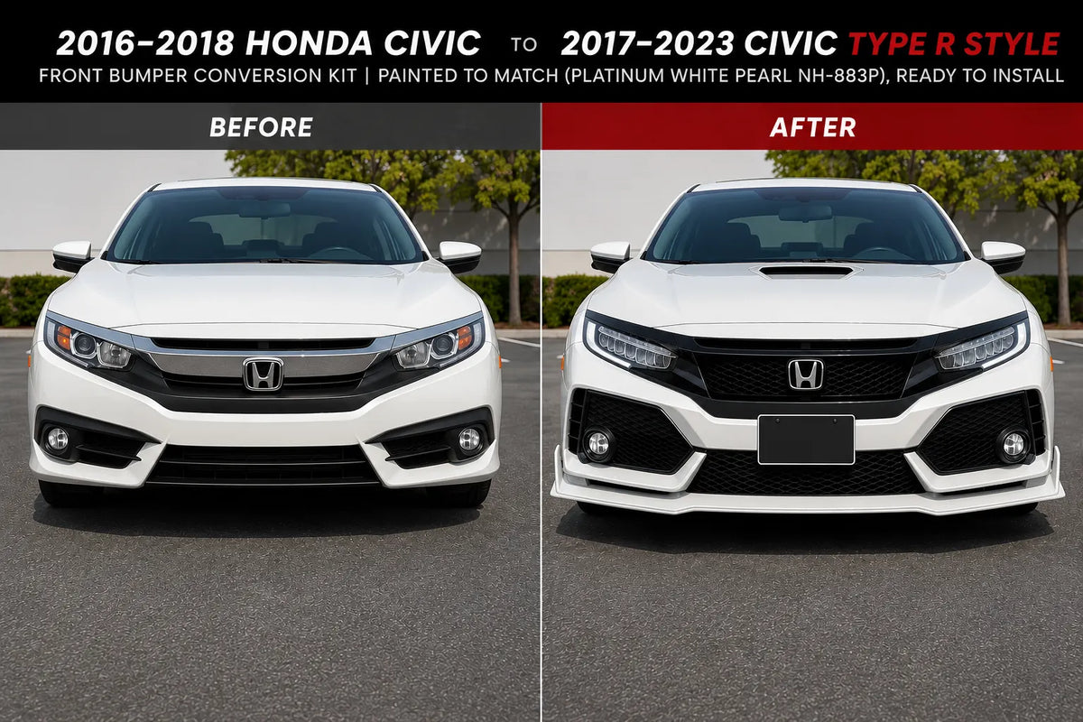 2016–2018 Honda Civic to 2017–2023 Honda Civic Type R Style Front Bumper Conversion Kit | Painted to Match, Ready to Install - Platinum White Pearl