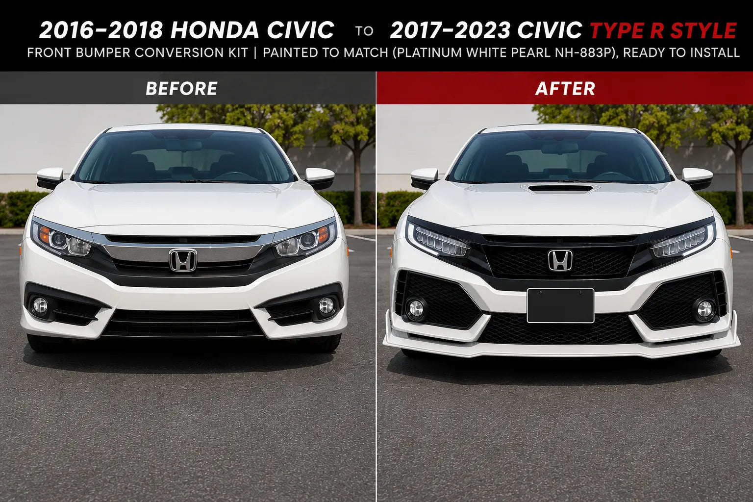 2016–2018 Honda Civic to 2017–2023 Honda Civic Type R Style Front Bumper Conversion Kit | Painted to Match, Ready to Install - Platinum White Pearl