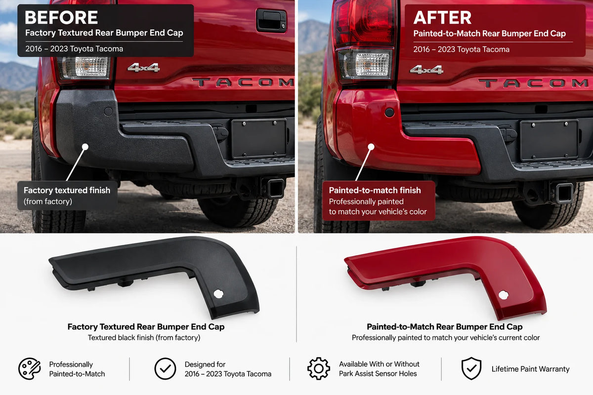 2016–2023 Toyota Tacoma Rear Bumper End Cap Conversion | Textured to Painted-to-Match - Before and After Image