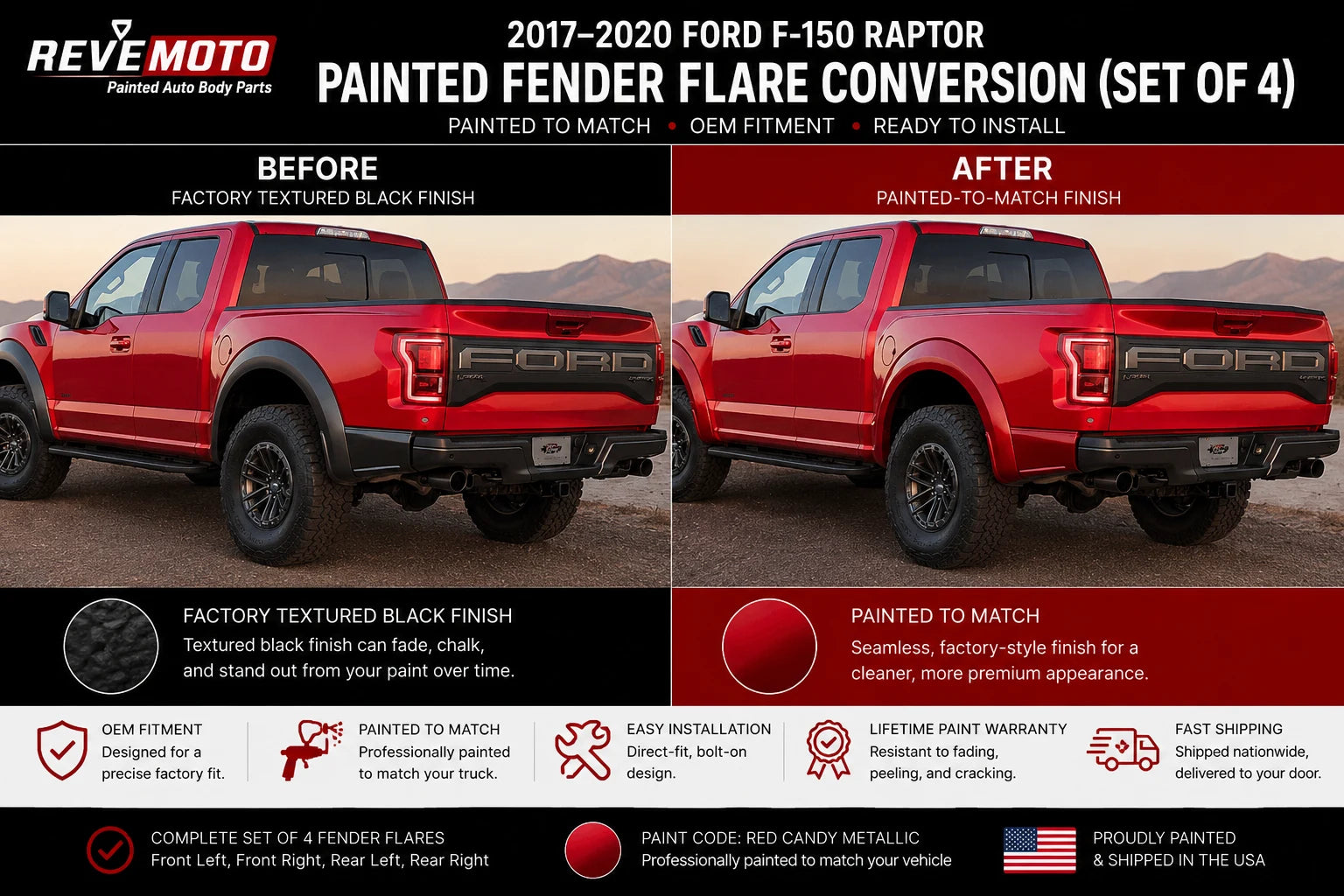 2017-2020 Ford F-150 Raptor Painted Fender Flare Conversion (OEM | Set of 4) | Painted to Match, Ready to Install - Red Candy Metallic Before and After Image