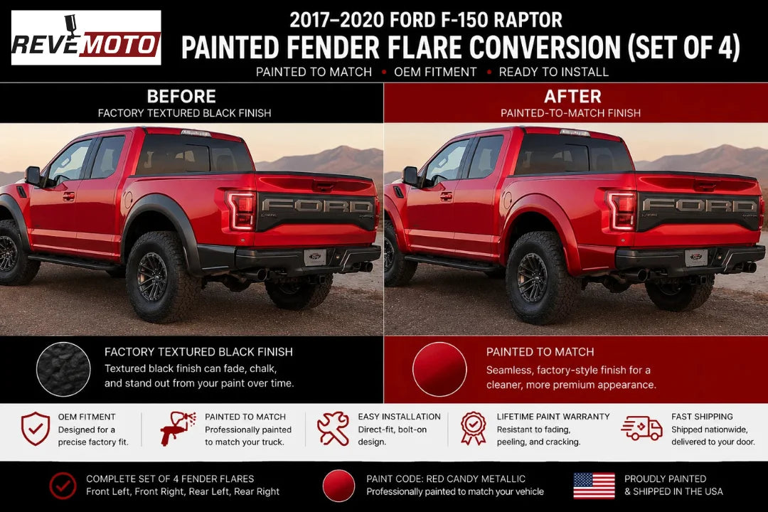 2017-2020 Ford F-150 Raptor Painted Fender Flare Conversion (OEM | Set of 4) | Painted to Match, Ready to Install - Red Candy Metallic Before and After Image