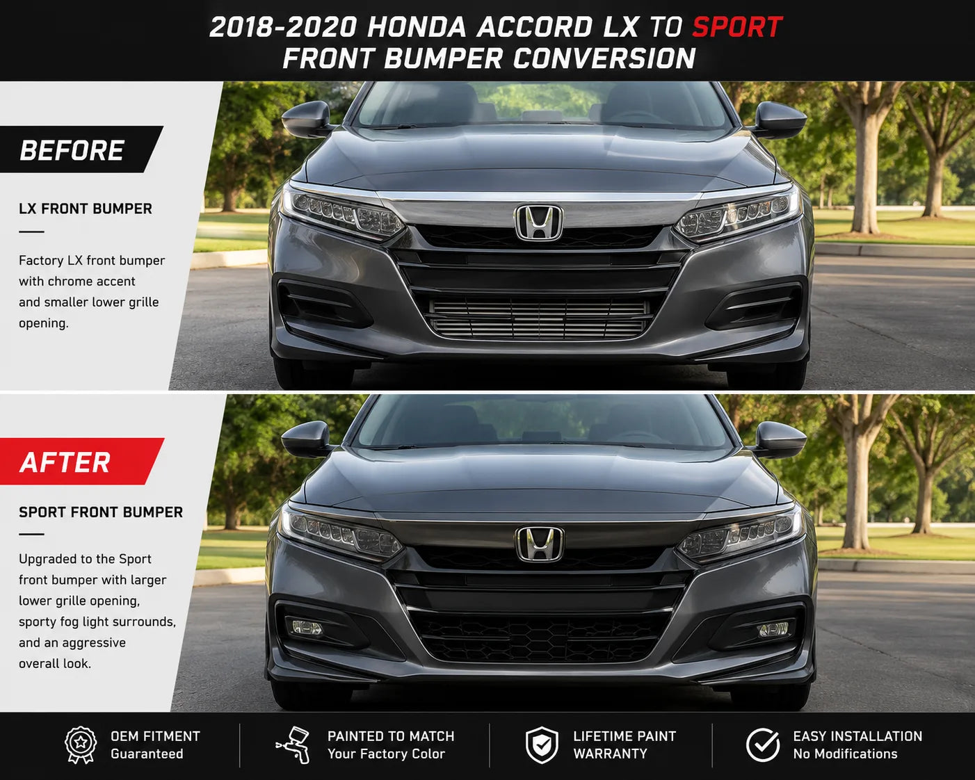 2018-2020 Honda Accord LX to Sport Front Bumper Conversion Kit | Painted to Match, Ready to Install 