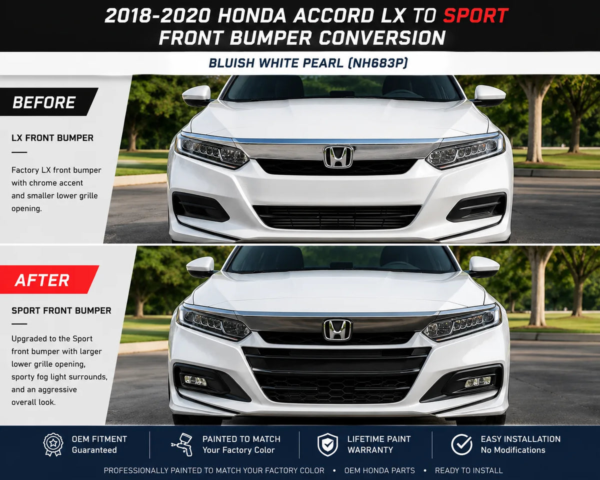 2018-2020 Honda Accord LX to Sport Front Bumper Conversion Kit | Painted to Match, Ready to Install - Bluish White Pearl (NH683P)