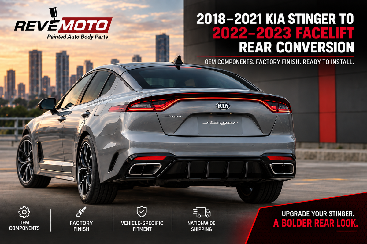 2018–2021 Kia Stinger with 2022–2023 facelift rear conversion kit featuring OEM rear diffuser, exhaust finishers and reflectors
