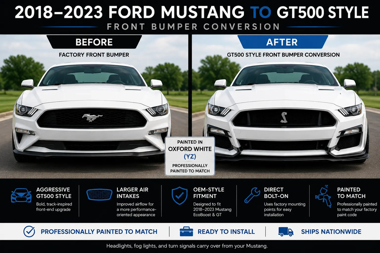 2018-2023 Ford Mustang to GT500 Style Front Bumper Conversion Kit (Painted to Match, Ready to Install) - Before and After Image