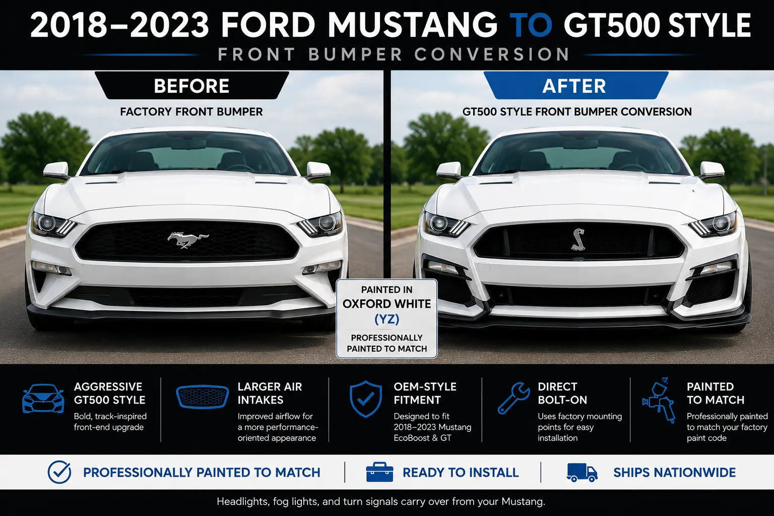2018-2023 Ford Mustang to GT500 Style Front Bumper Conversion Kit (Painted to Match, Ready to Install) - Before and After Image