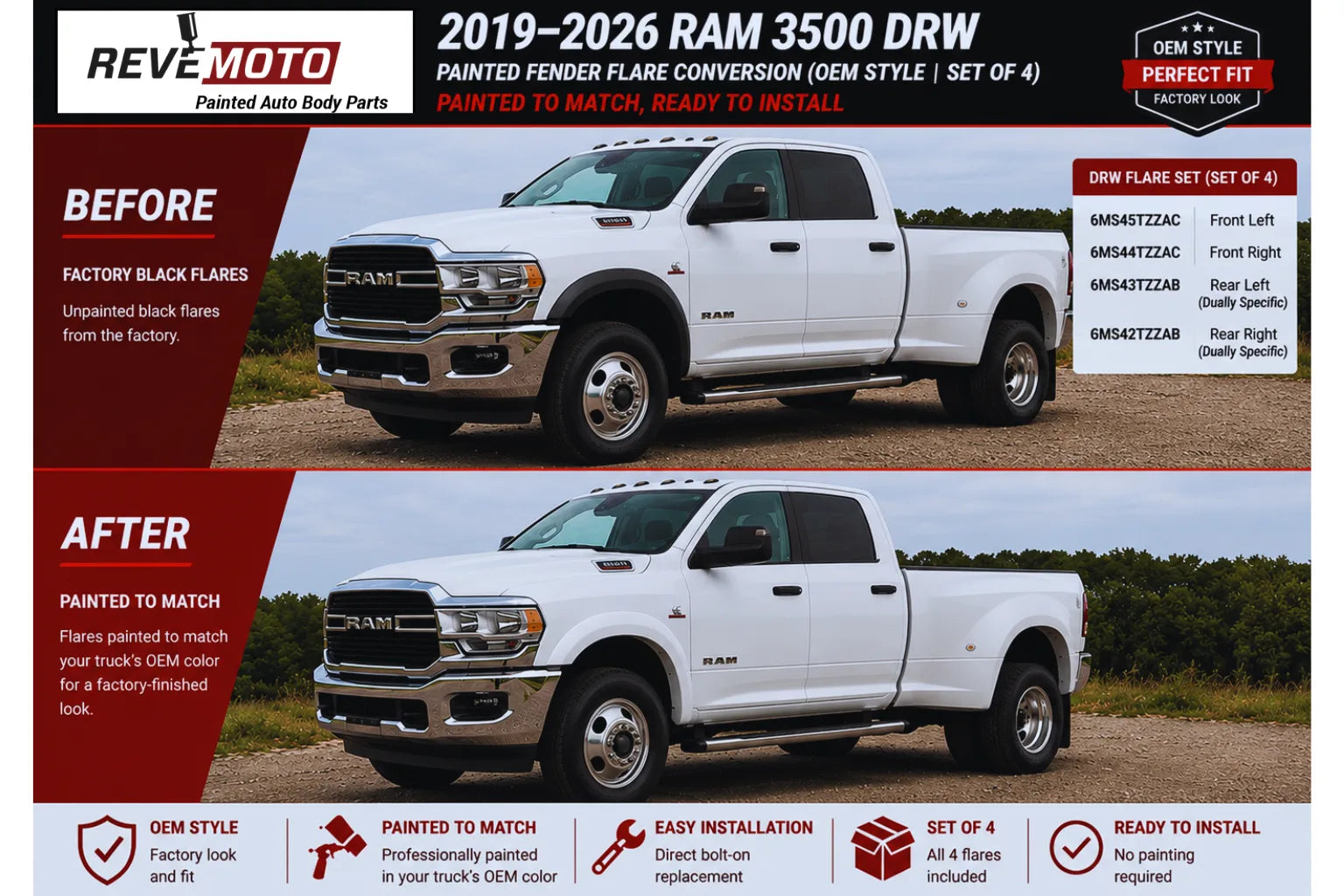 2019-2026 Ram 3500 DRW Painted Fender Flare Conversion (OEM Style | Set of 4) | Painted to Match, Ready to Install