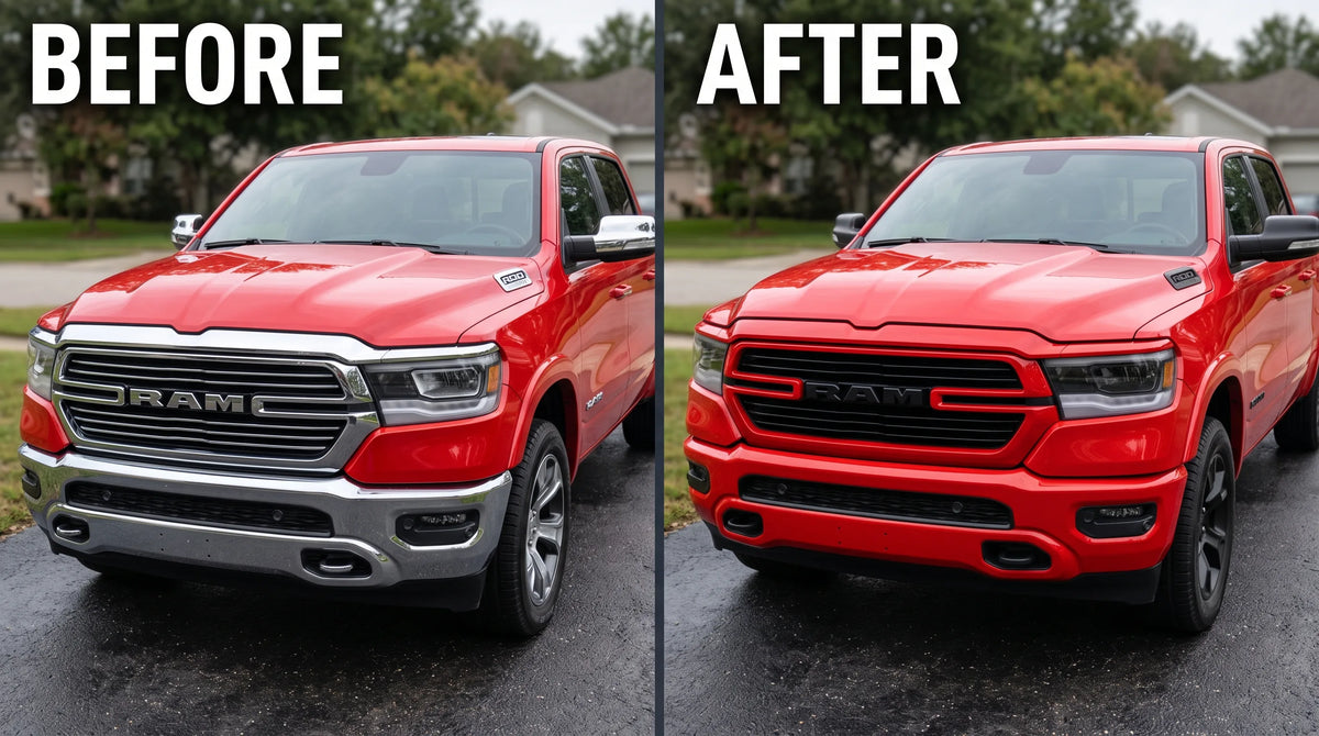 2019–2024 Ram 1500 DT Front-End Chrome-to-Painted-to-Match Conversion with black emblem