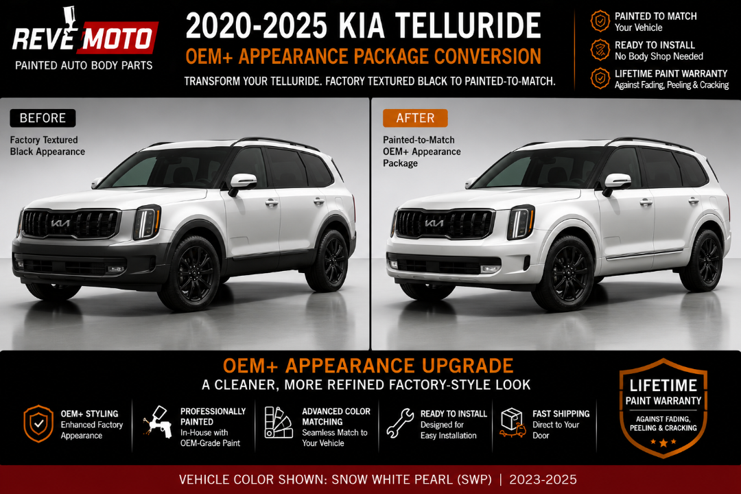 2020-2025 Kia Telluride Painted-to-Match Appearance Package (8-Piece OEM+ Kit), Ready to Install  - Before and After Image , Snow White Pearl (SWP)