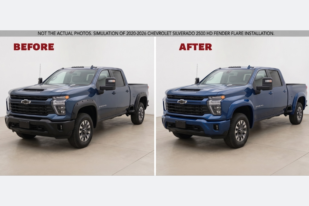 2020-2026 Chevrolet Silverado Painted Fender Flare Conversion (2500 HD/3500 HD | Set of 4) | Painted to Match, Ready to Install - Before and After Image