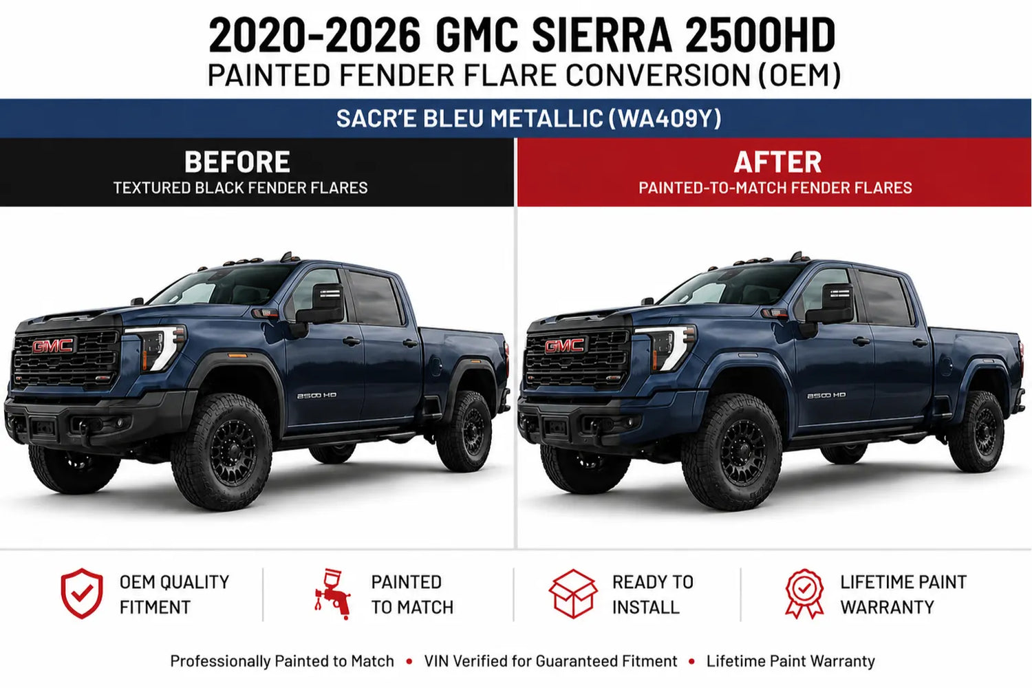 2020-2026 GMC Sierra 2500HD Painted Fender Flare Conversion (OEM) | Painted to Match, Ready to Install - Sacr'e Blue Metallic (WA409Y)