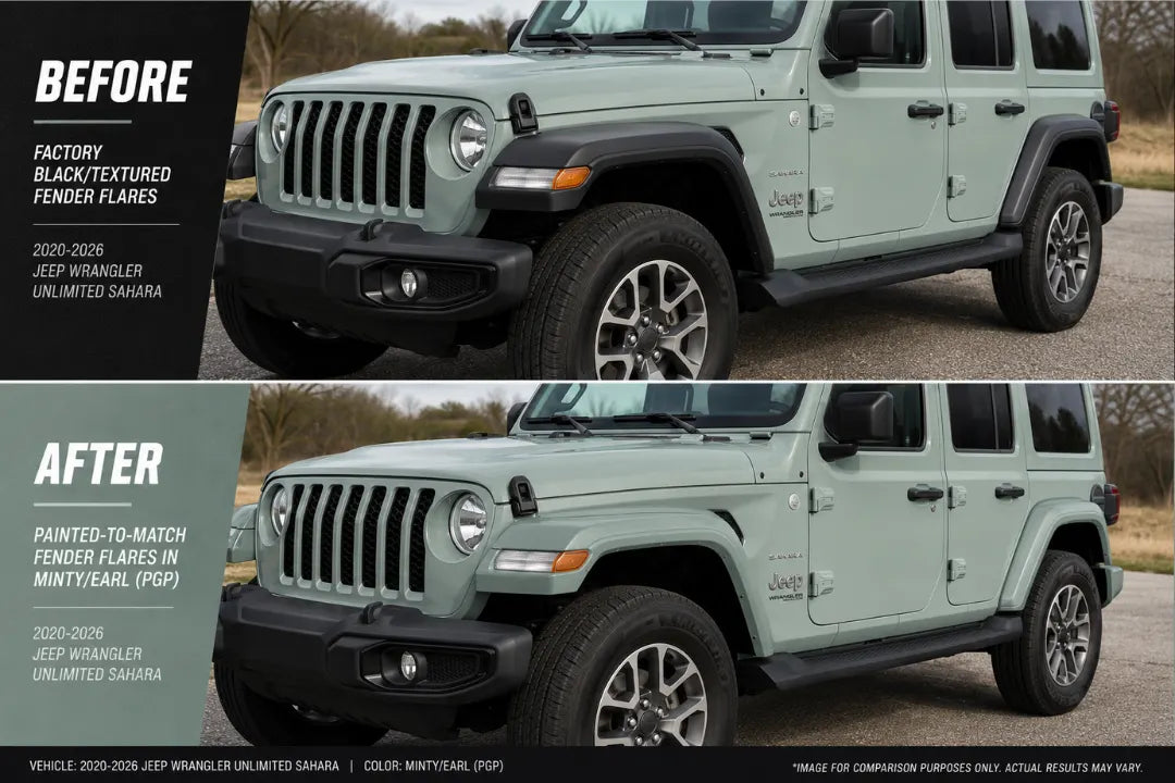 2020-2026 Jeep Wrangler Front Fender Flare Painted (Unlimited Sahara Model) Minty/Earl (PGP) Before and After Image