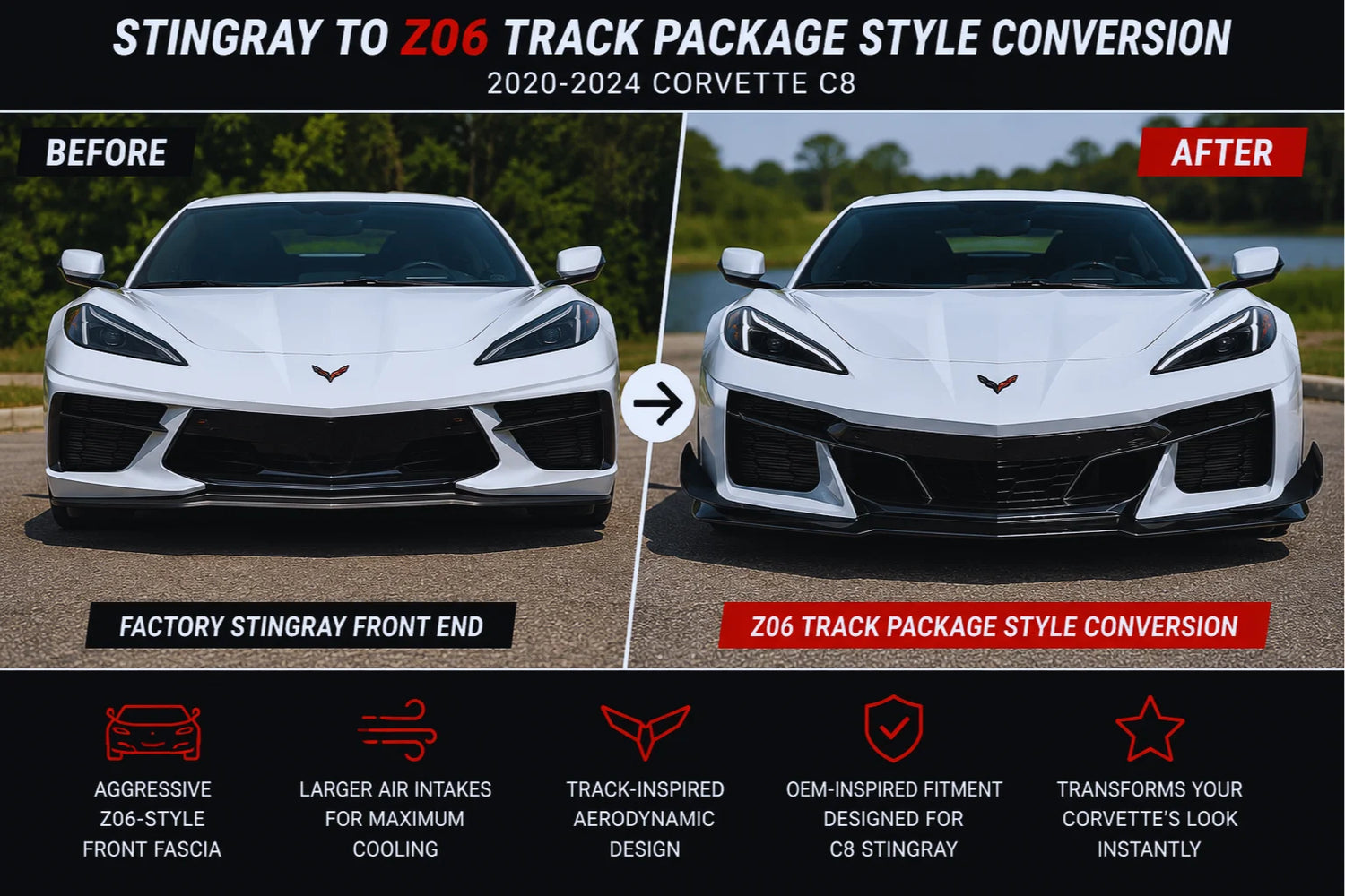 2020–2024 Chevrolet Corvette C8 Stingray Z06 Track Package Style Front-End Conversion Kit (15-Piece) | Painted to Match - Before and After Image
