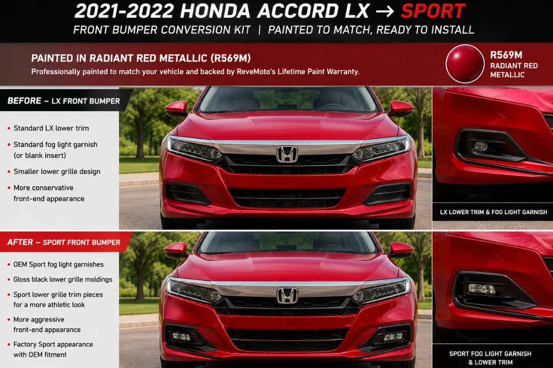 2021-2022 Honda Accord LX to Sport Front Bumper Appearance Conversion Kit | Painted to Match, Ready to Install - Radiant Red Metallic (R569M)