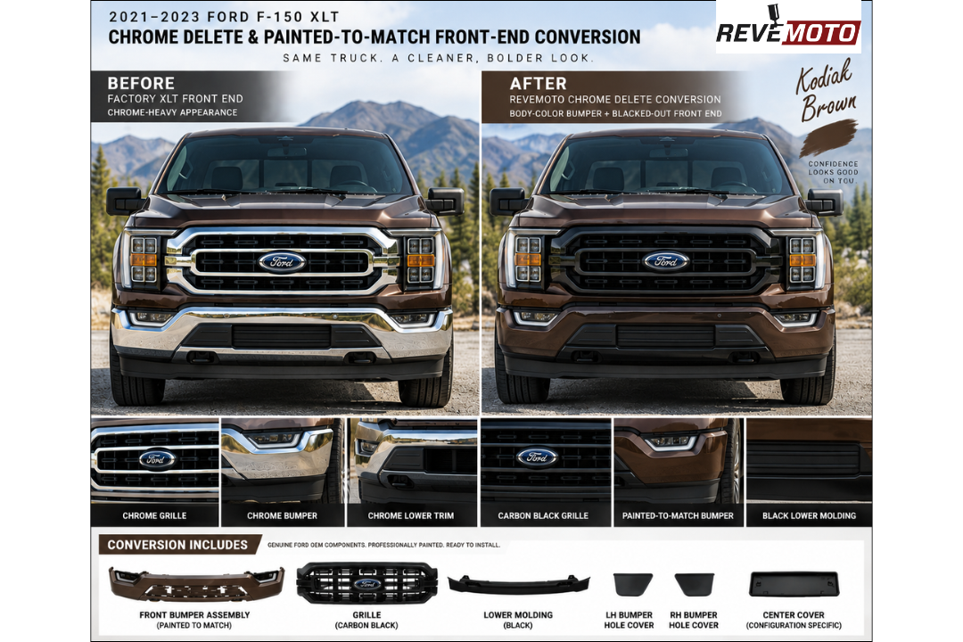 2021-2023 Ford F-150 XLT Chrome Delete & Painted-to-Match Front-End Conversion | Ready to Install - Before and After Image