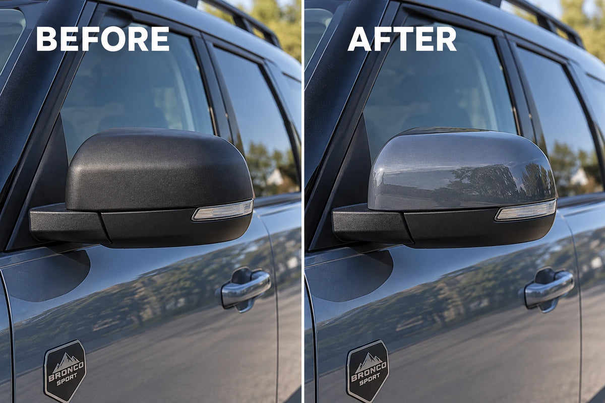 2021–2025 Ford Bronco Sport painted mirror cap conversion before and after, showing factory black MIC and painted-to-match OEM mirror caps