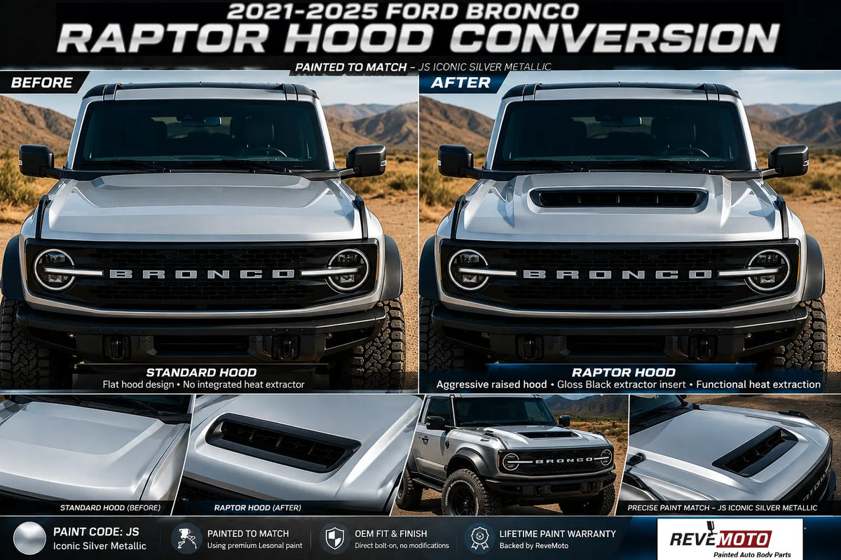 2021-2025 Ford Bronco to Bronco Raptor Hood Conversion (OEM Style) | Painted to Match, Ready to Install - Iconic Silver Metallic (JS) - Before and After Image