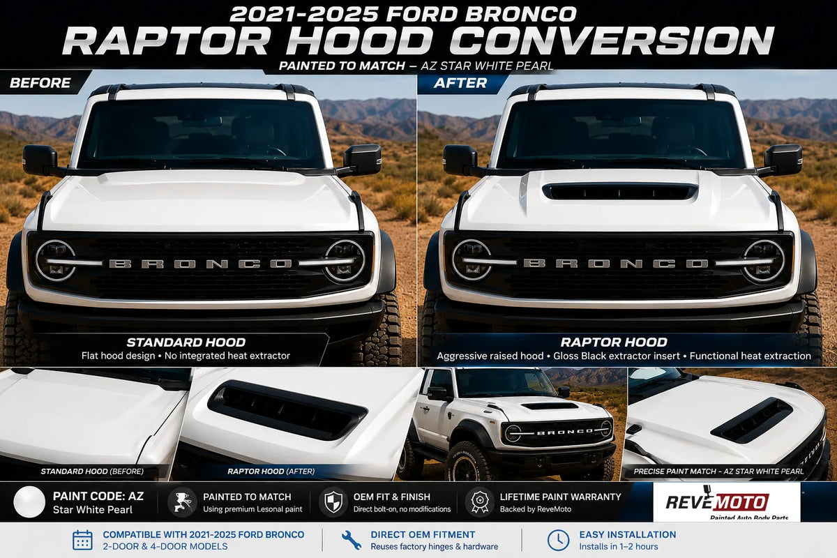 2021-2025 Ford Bronco to Bronco Raptor Hood Conversion (OEM Style) | Painted to Match Hood  - Star White Pearl (AZ) -Before and After Image