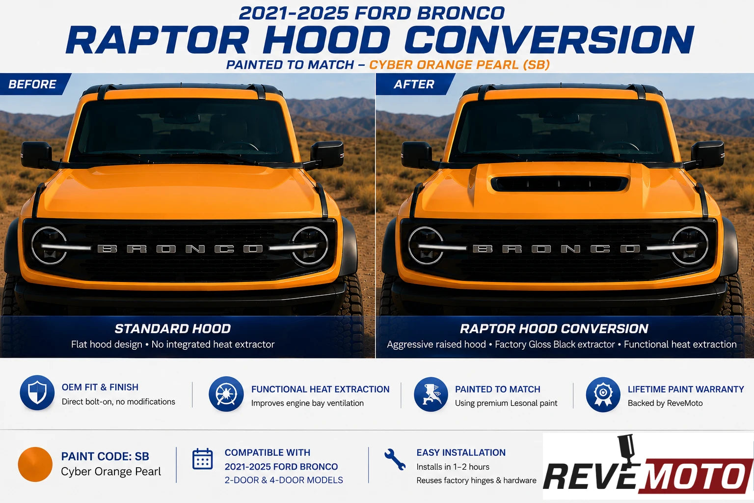 2021-2025 Ford Bronco to Bronco Raptor Hood Conversion (OEM Style) | with Factory Gloss Black Extractor