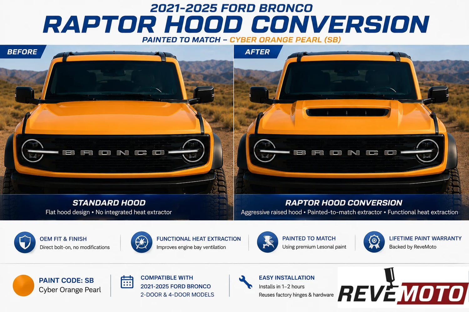 2021-2025 Ford Bronco to Bronco Raptor Hood Conversion (OEM Style) | with Painted to Match Extractor