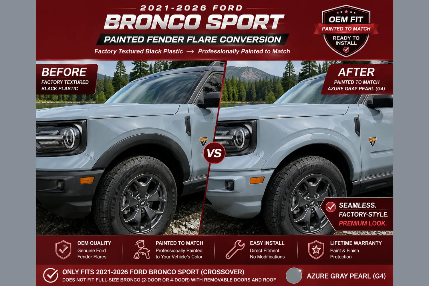 2022-2025 Ford Bronco Raptor Painted Fender Flare Conversion (OEM | Set of 4) | Painted to Match, Ready to Install - Azure Gray Pearl (G4) Before and After Image