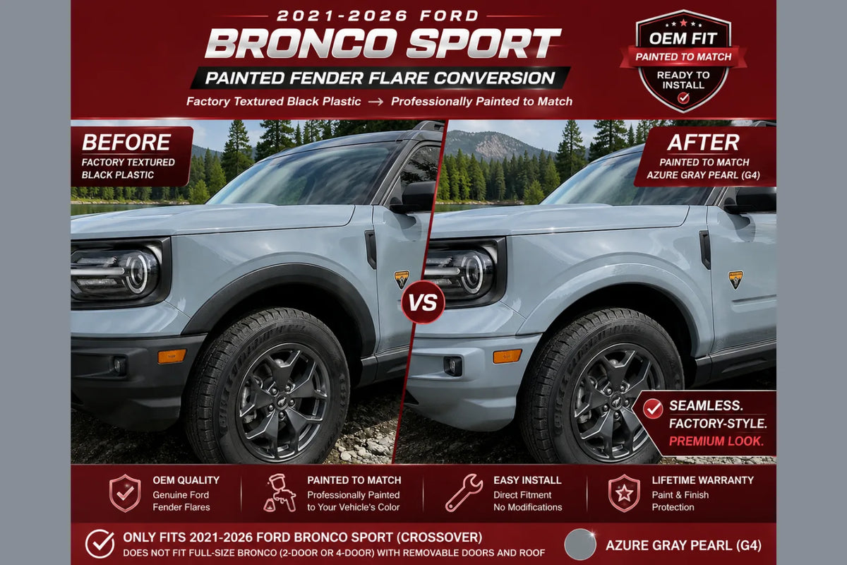 2022-2025 Ford Bronco Raptor Painted Fender Flare Conversion (OEM | Set of 4) | Painted to Match, Ready to Install - Azure Gray Pearl (G4) Before and After Image