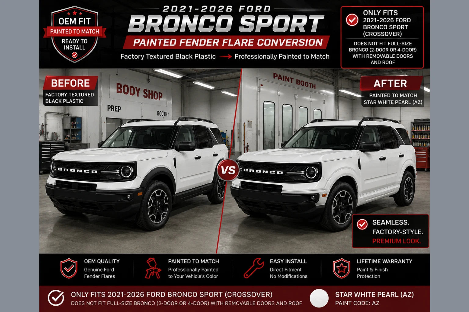 2022-2025 Ford Bronco Raptor Painted Fender Flare Conversion (OEM | Set of 4) | Painted to Match, Ready to Install - Star White Pearl (AZ) Before and After Image