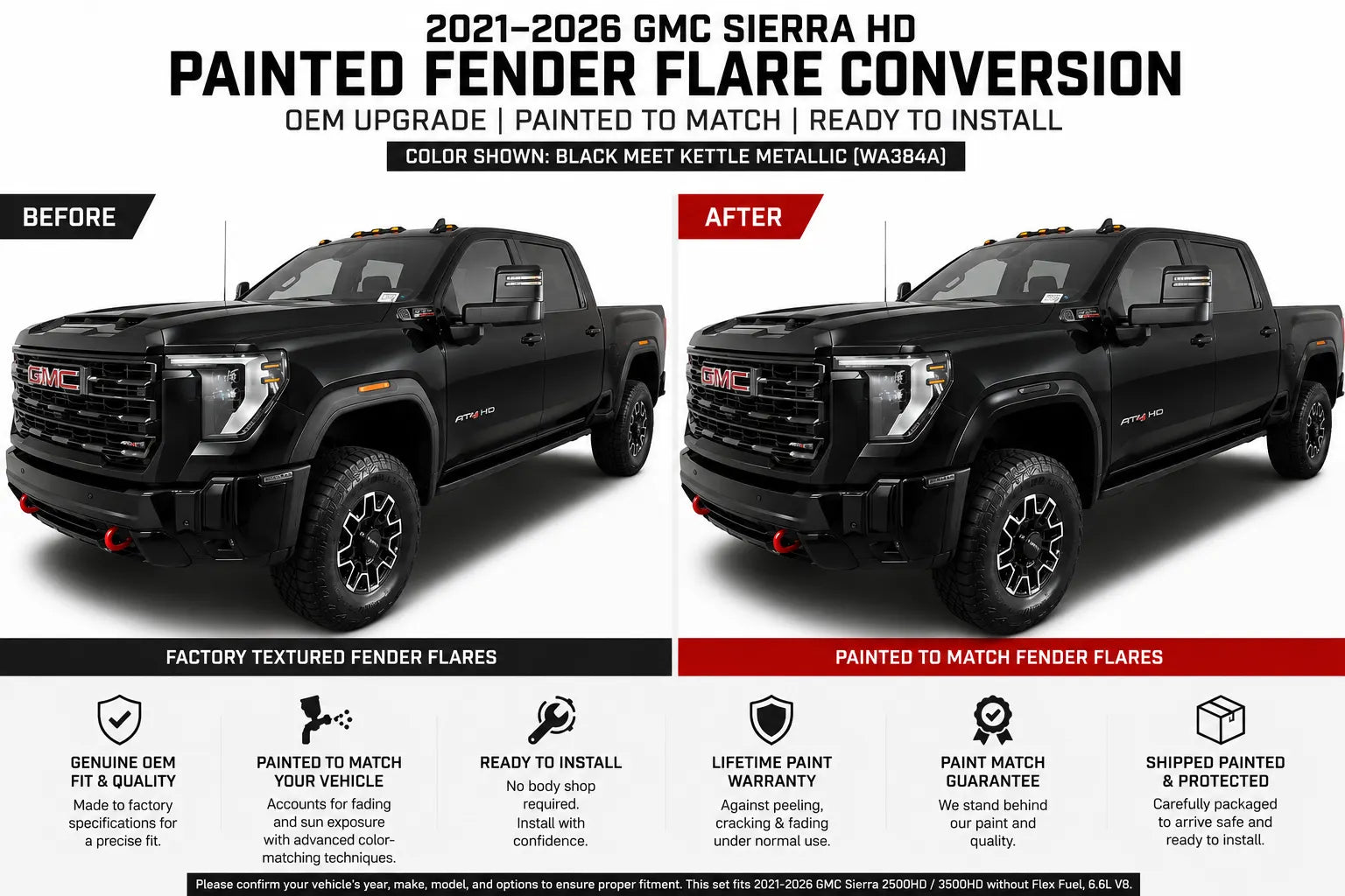 2021-2026 GMC Sierra Painted Fender Flare Conversion (OEM; 2500HD/3500HD | WITHOUT: Flex, 6.6L V8; Set of 4) | Painted to Match, Ready to Install