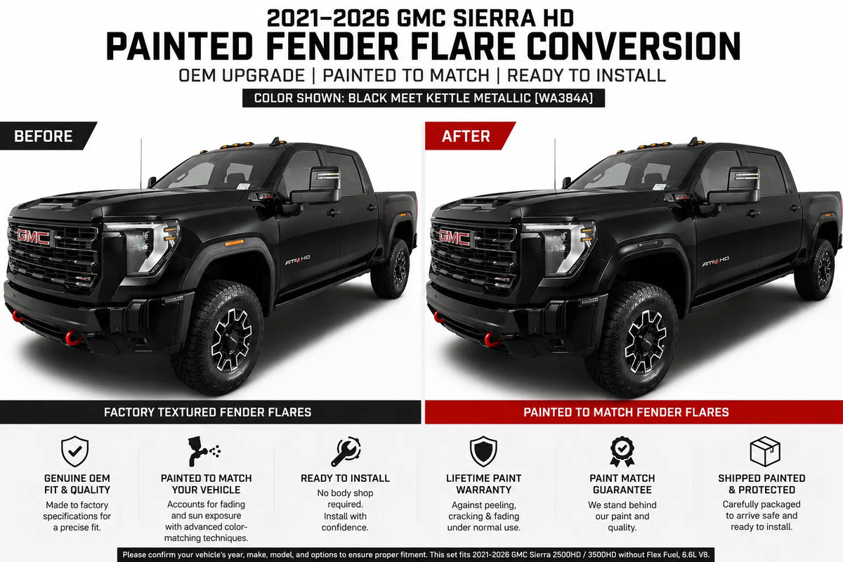 2021-2026 GMC Sierra Painted Fender Flare Conversion (OEM; 2500HD/3500HD | WITHOUT: Flex, 6.6L V8; Set of 4) | Painted to Match, Ready to Install