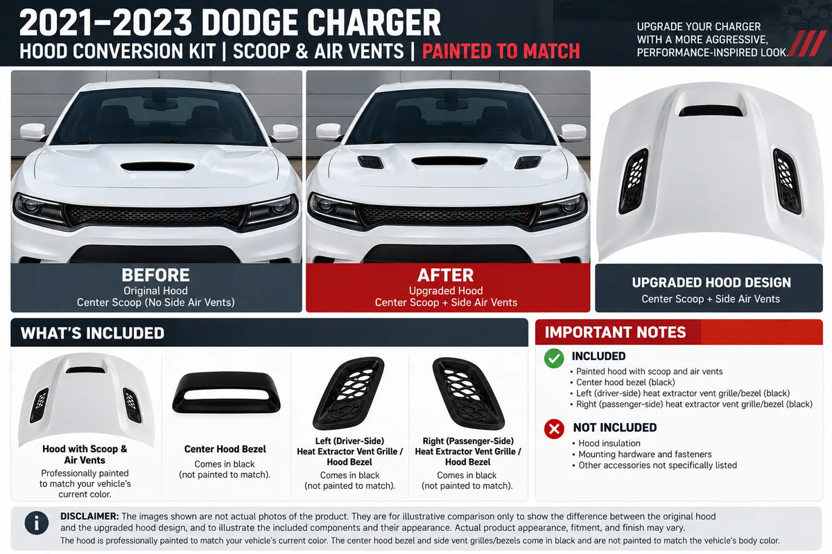 2021–2023 Dodge Charger Hood Conversion Kit | Scoop & Air Vents | Painted to Match, Ready to Install