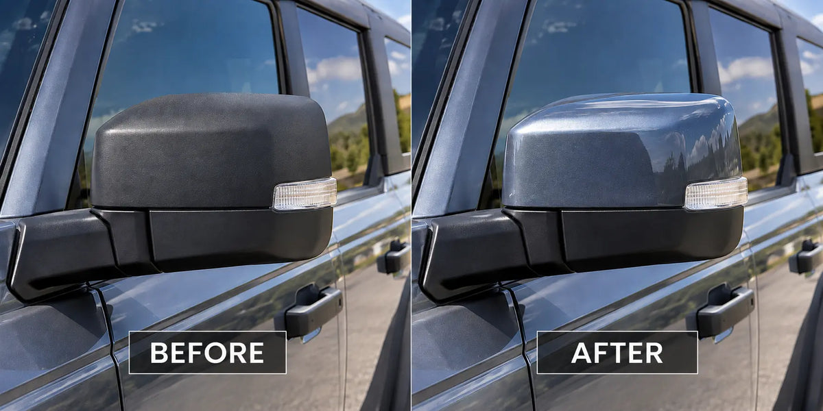 2021–2025 Ford Bronco painted mirror cap conversion before and after, showing factory black MIC and painted-to-match OEM mirror caps
