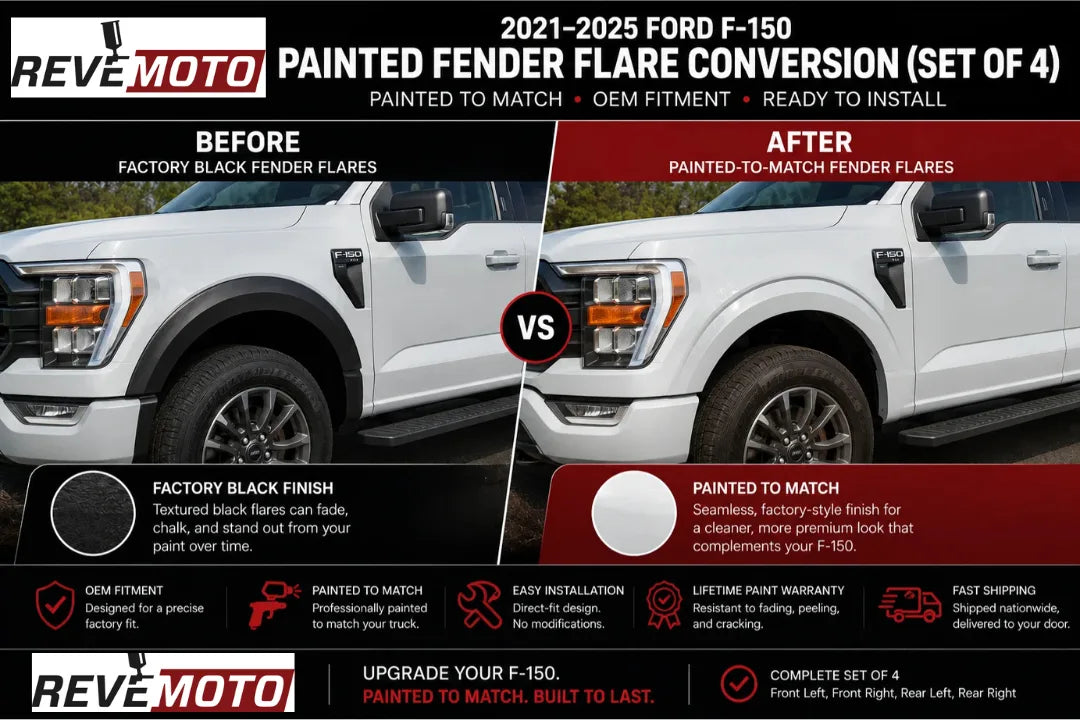 2021–2025 Ford F-150 Painted Fender Flare Conversion (Factory Style | Set of 4) – Painted to Match, Ready to Install - Before and After Image Comparison